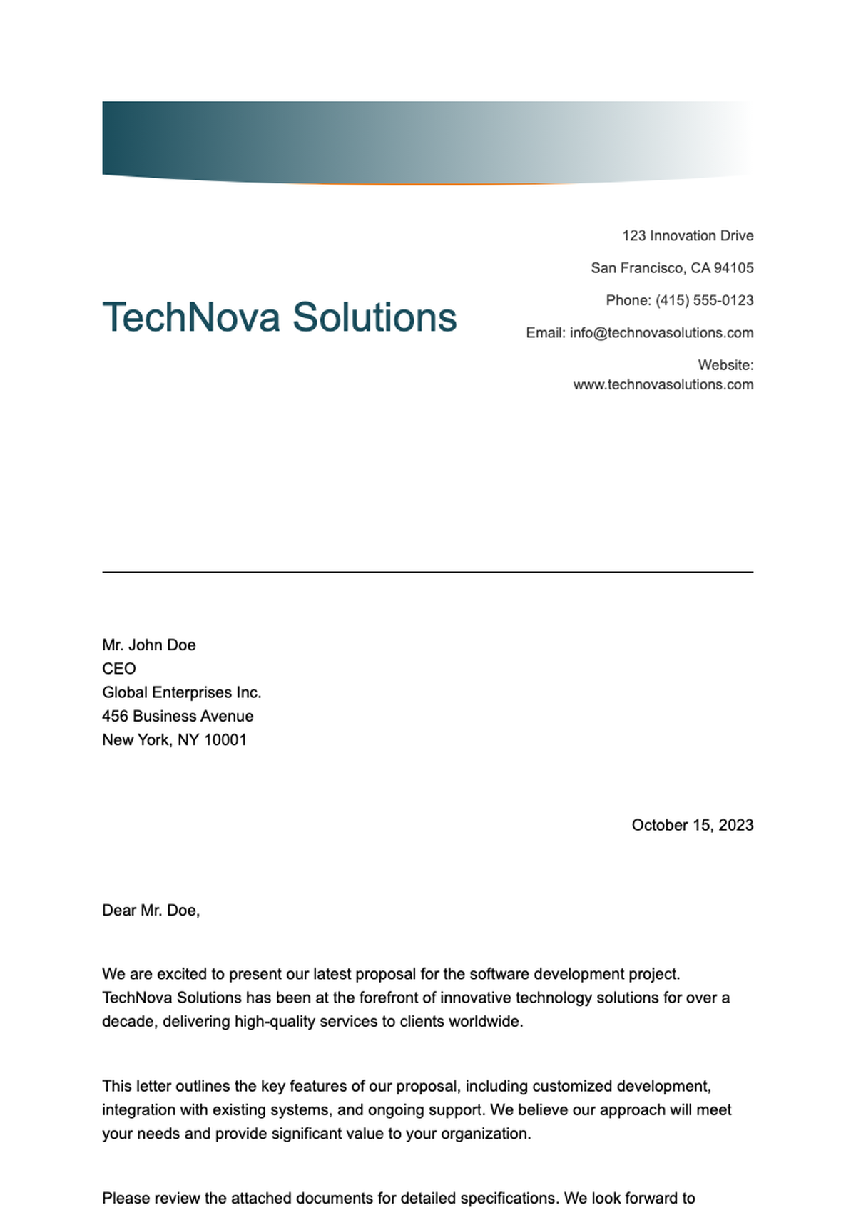 Professional business letterhead template with blue and orange accents_variant_1